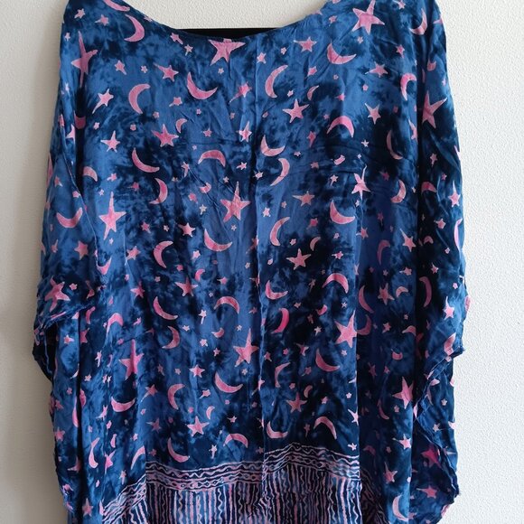 Blue and Black Fringed Tie Dye Tunic with Pink Moon and Stars - Picture 2 of 2